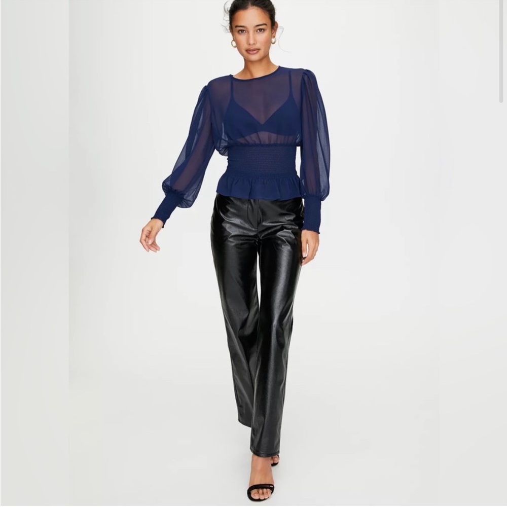 Wilfred Navy Smocked Sheer Blouse